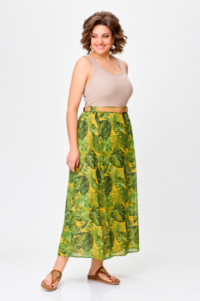 Миди шифоновая юбка с складками и поясом Swallow 753 зелёные_листья_на_жёлтом - фото 2