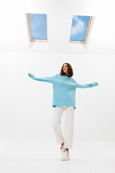 Голубой хлопковый лонгслив с принтом и коротким рукавом HIT 0225ж голубой - фото 3