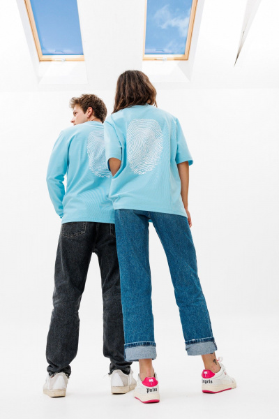 Голубой трикотажный свободный джемпер с принтом  HIT 0224ж голубой - фото 7