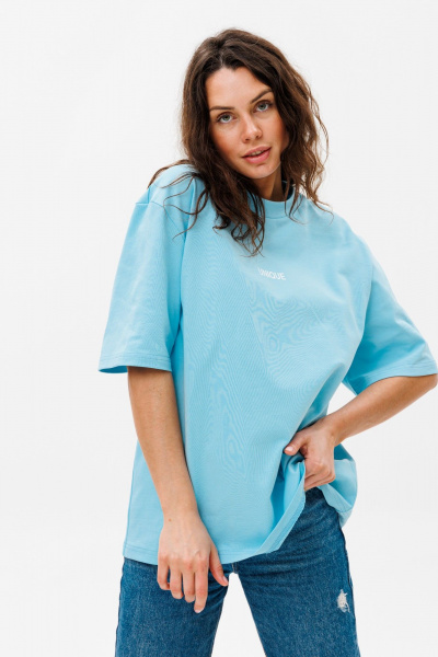 Голубой трикотажный свободный джемпер с принтом  HIT 0224ж голубой - фото 1