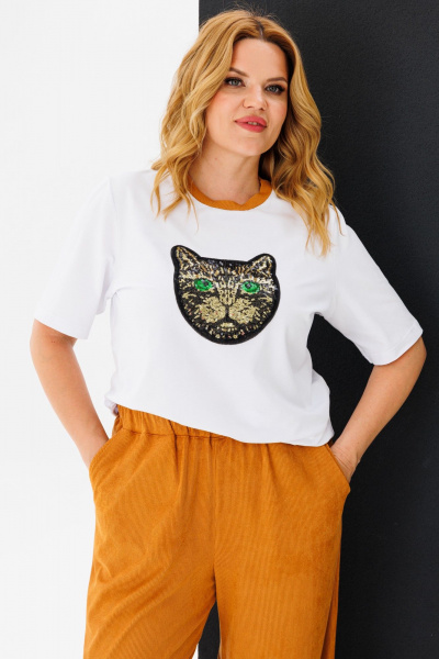 Белый женский брючный костюм с палаццо и контрастной горловиной Michel chic 1383 белый,рыжий - фото 6