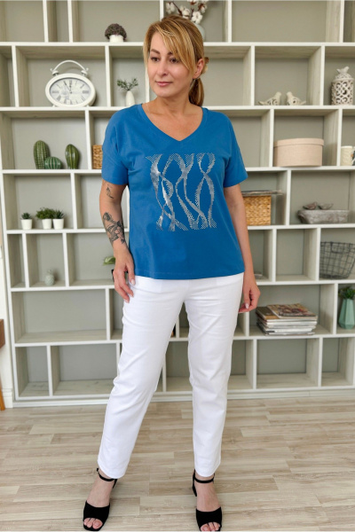 Голубой хлопковый джемпер с принтом и разрезами Rumoda 2228 голубой - фото 2