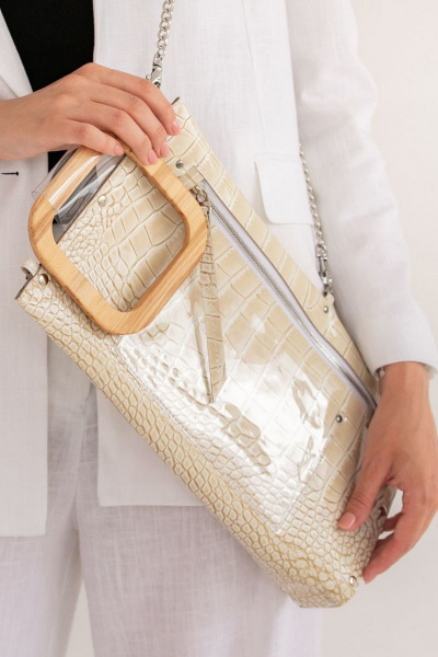 Кожаная сумка через плечо, бежевый, вместительная Because LONG_BEIGE CROCO - фото 3