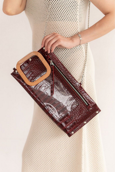 Кожаная сумка через плечо с деревянными вставками, красная Because LONG_BORDO CROKO - фото 7