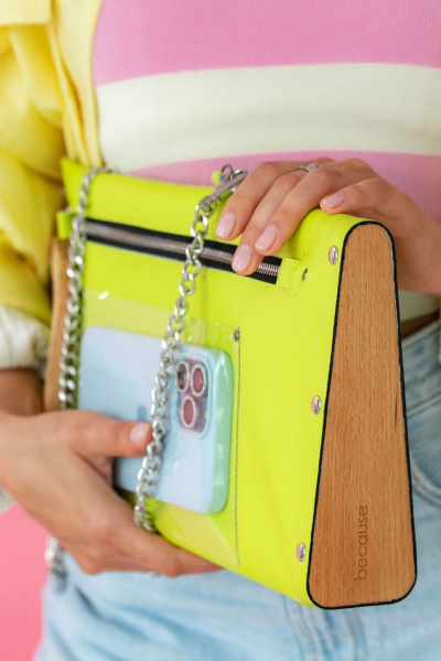 Кожаная сумка через плечо с деревянными вставками, белая Because LONG_NEON - фото 7