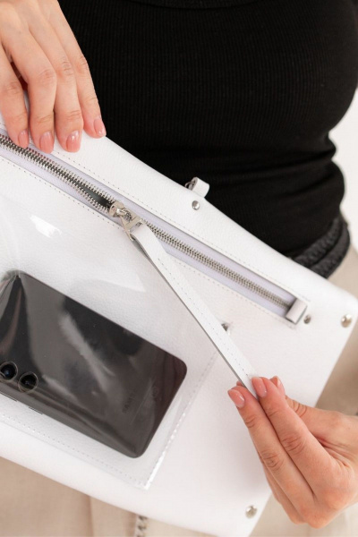 Кожаная сумка через плечо, белая, с деревянными вставками Because LONG_WHITE - фото 9