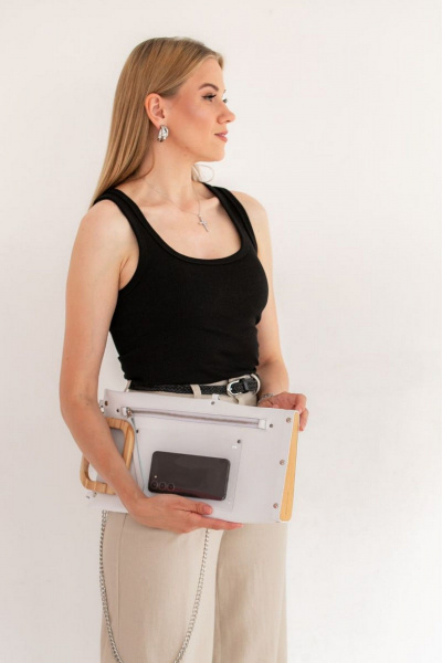Кожаная сумка через плечо, белая, с деревянными вставками Because LONG_WHITE - фото 7