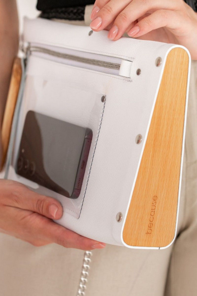 Кожаная сумка через плечо, белая, с деревянными вставками Because LONG_WHITE - фото 3