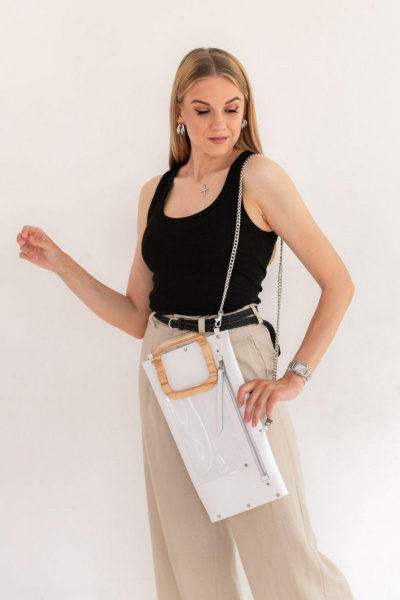 Кожаная сумка через плечо, белая, с деревянными вставками Because LONG_WHITE - фото 2