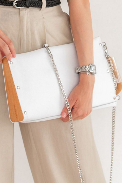 Кожаная сумка через плечо, белая, с деревянными вставками Because LONG_WHITE - фото 1