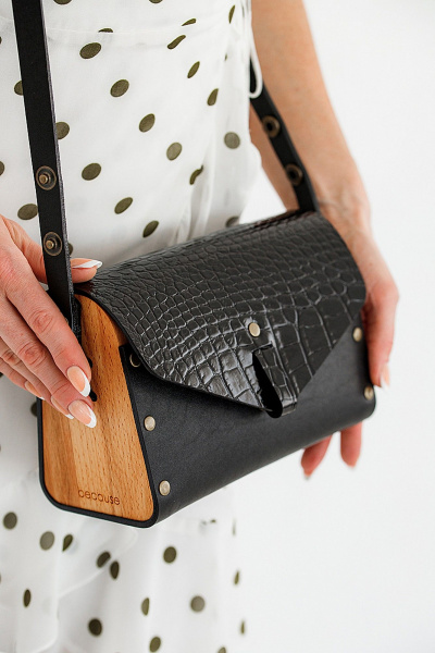 Кожаная сумка через плечо, черная, с деревянными вставками Because NIKOL BLACK CROCO - фото 7