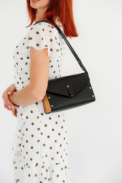 Кожаная сумка через плечо, черная, с деревянными вставками Because NIKOL BLACK CROCO - фото 6