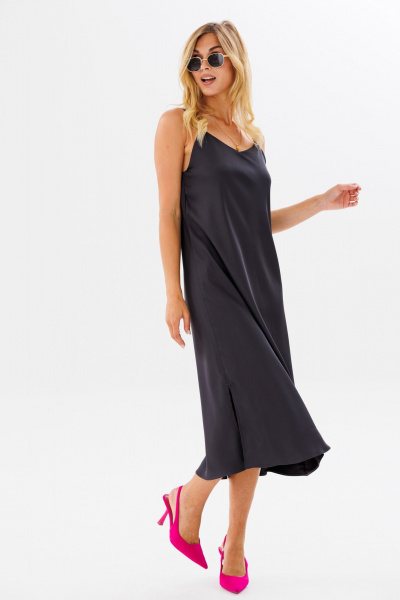 Платье на бретелях комбинация из текстиля для женственного стиля FAMA 24030 темный_графит - фото 4