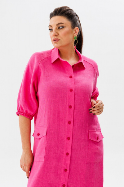 Платье-рубашка из льна с разрезом и ярким цветом Anelli 1456 малиновый - фото 7