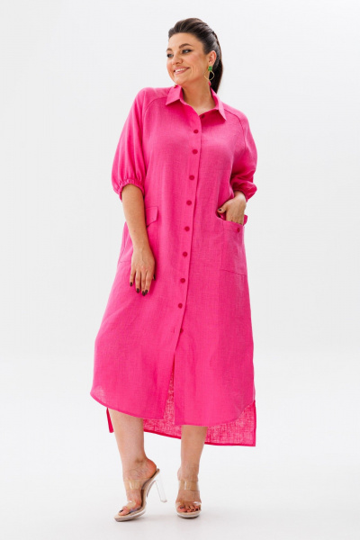 Платье-рубашка из льна с разрезом и ярким цветом Anelli 1456 малиновый - фото 6