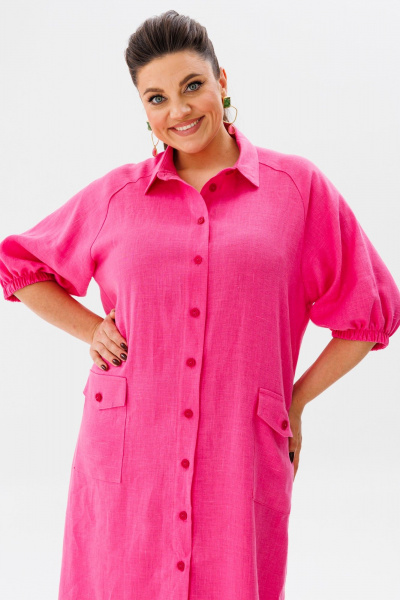 Платье-рубашка из льна с разрезом и ярким цветом Anelli 1456 малиновый - фото 3