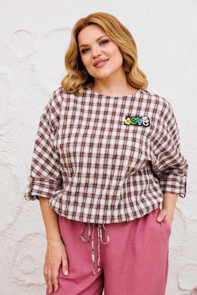 Комплект блуза и брюки свободного кроя из текстиля Michel chic 1342/1 клетка,лиловый - фото 7