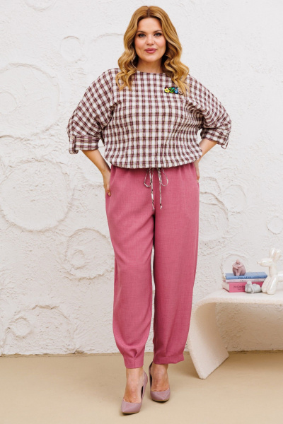 Комплект блуза и брюки свободного кроя из текстиля Michel chic 1342/1 клетка,лиловый - фото 4