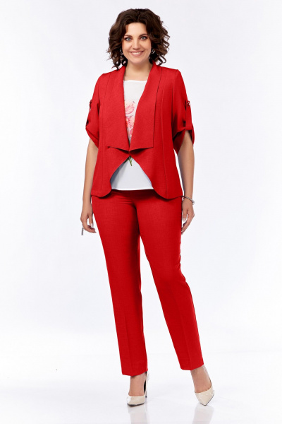 Комплект из жакета, брюк и блузы из льна и текстиля Ольга Стиль С-176/1 красный - фото 1
