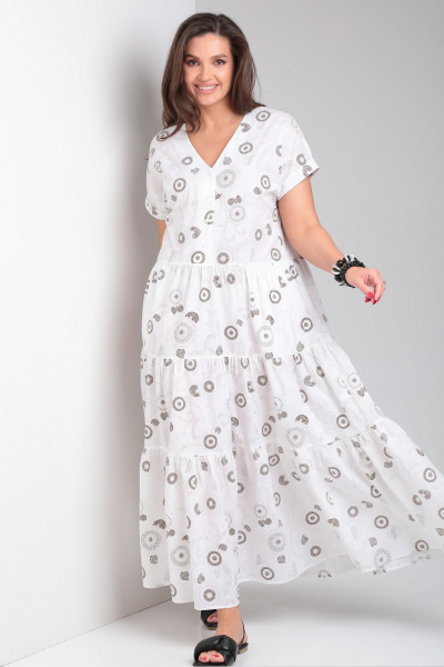 Платье прямое с воланами и спущенным плечом Andina city 8028 белый_коричневые_круги - фото 8