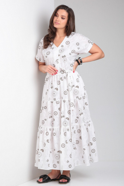 Платье прямое с воланами и спущенным плечом Andina city 8028 белый_коричневые_круги - фото 6