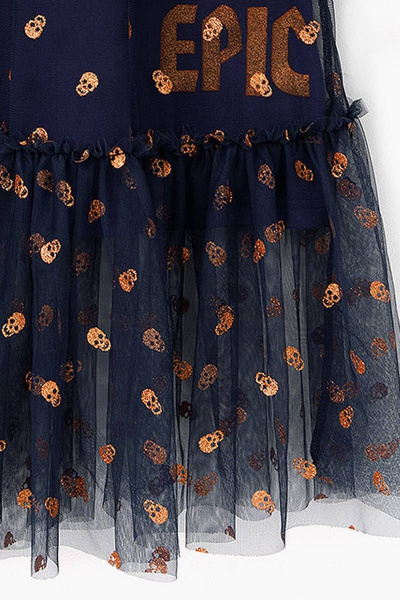 Платье-худи удлиненный А-силуэт со золотым принтом и рюшей Bell Bimbo 202211 т.синий - фото 2