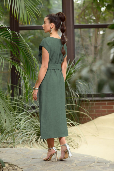 Леновое платье в стиле бохо с пышными рукавами и открытыми плечами Galean Style 802.1 хаки - фото 2