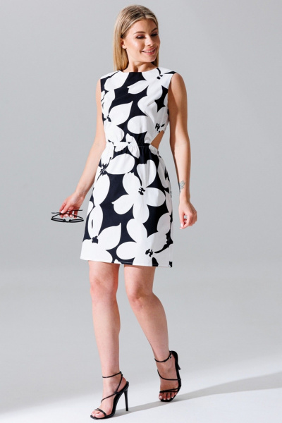 Платье с вырезом лодочка из текстиля и хлопка с резинкой по талии Faufilure C1646 черно-белый - фото 1