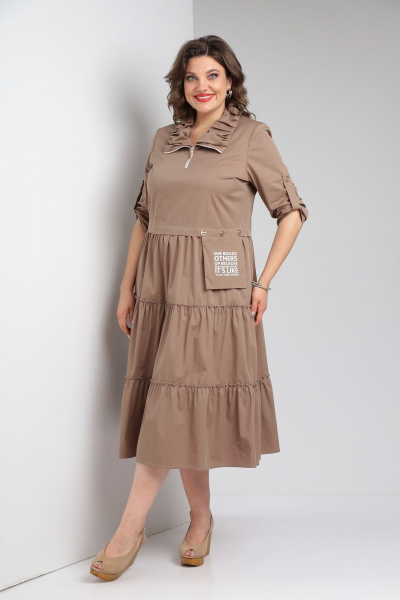 Платье бежевое с воланами и декоративными складками Rishelie 829 капучино - фото 1