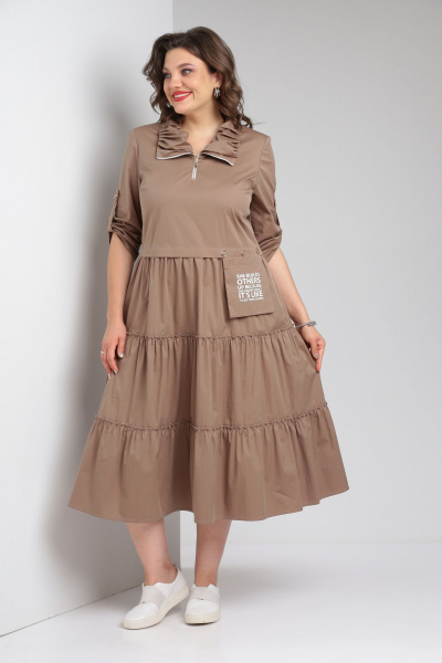 Платье бежевое с воланами и декоративными складками Rishelie 829 капучино - фото 4