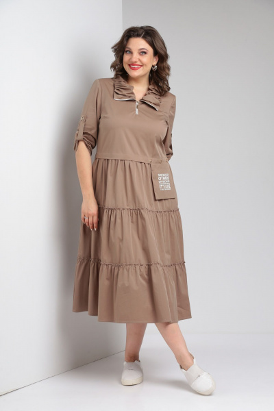 Платье бежевое с воланами и декоративными складками Rishelie 829 капучино - фото 3