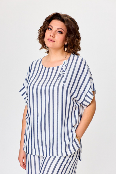 Летний комплект блузки и брюк из легкого текстиля Michel chic 1384 белый,синий,полоска - фото 7
