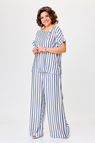 Летний комплект блузки и брюк из легкого текстиля Michel chic 1384 белый,синий,полоска - фото 5