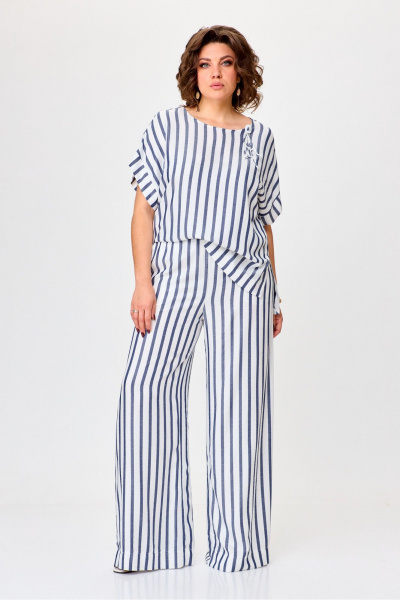 Летний комплект блузки и брюк из легкого текстиля Michel chic 1384 белый,синий,полоска - фото 3