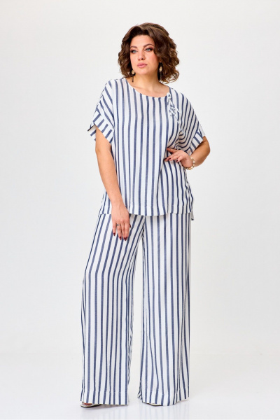 Летний комплект блузки и брюк из легкого текстиля Michel chic 1384 белый,синий,полоска - фото 1