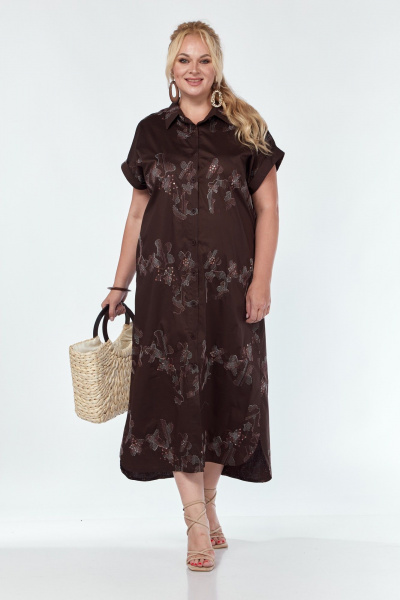 Летнее платье рубашечного кройя из хлопка с пайетками Michel chic 2124 шоколад - фото 1