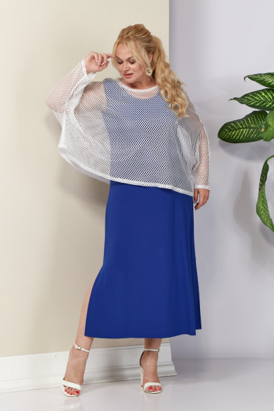 Комплект туника и платье из сетки и трикотажа для отдыха Anastasia 1119 молоко/синий - фото 5