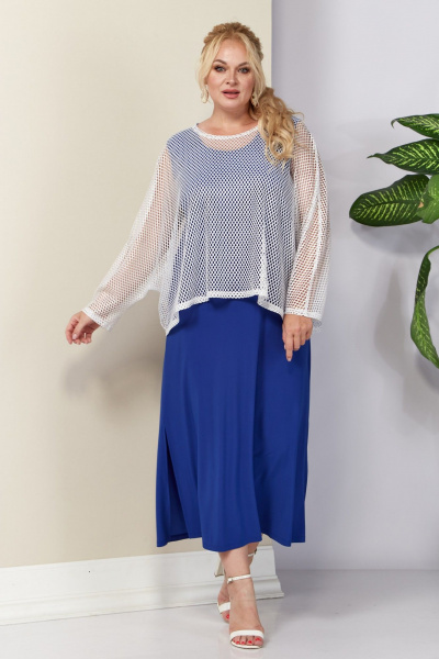 Комплект туника и платье из сетки и трикотажа для отдыха Anastasia 1119 молоко/синий - фото 1