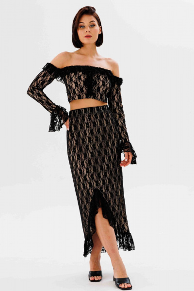 Юбка миди из кружева с воланами и разрезом AURA otd 5061 черный - фото 4