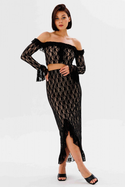 Юбка миди из кружева с воланами и разрезом AURA otd 5061 черный - фото 1