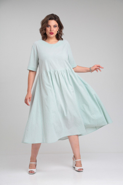 Платье А-силуэта из хлопка с подрезами и коротким рукавом Avenue 0129 молочный+пастельно_зеленый - фото 2