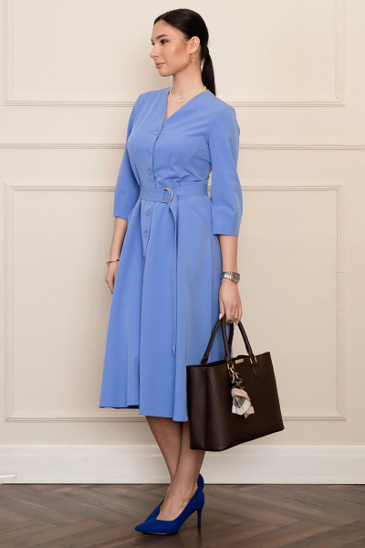 Голубое платье миди с ремнем и V-образным вырезом LADO 6326-9 голубой - фото 20