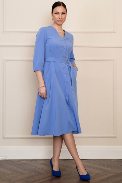 Голубое платье миди с ремнем и V-образным вырезом LADO 6326-9 голубой - фото 9