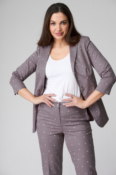 Коричневый костюм жакет и классические брюки из хлопковой ткани БелЭльСтиль 203-2 83 22+586-2 87 22 капучино_горох - фото 6