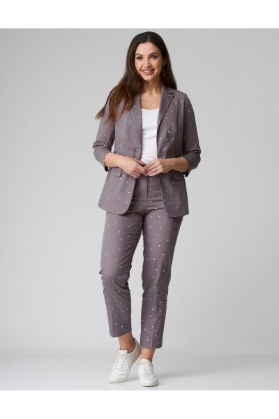 Коричневый костюм жакет и классические брюки из хлопковой ткани БелЭльСтиль 203-2 83 22+586-2 87 22 капучино_горох - фото 3