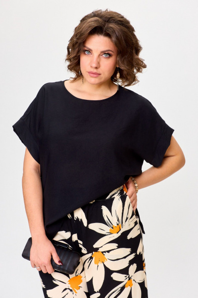 Бежевый и черный комплект брюки и блуза из вискозы Michel chic 1384 черный,ромашка - фото 6