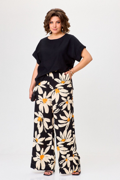 Бежевый и черный комплект брюки и блуза из вискозы Michel chic 1384 черный,ромашка - фото 3