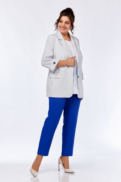 Летний комплект из жакета, брюк и блузы с коротким рукавом Ольга Стиль С-707/1 полоска_василек - фото 2