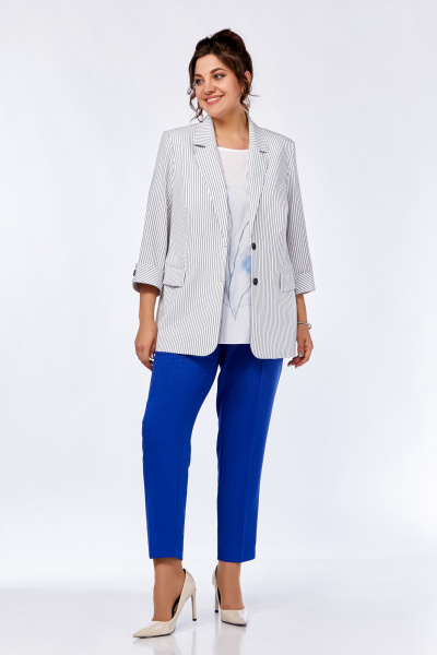 Летний комплект из жакета, брюк и блузы с коротким рукавом Ольга Стиль С-707/1 полоска_василек - фото 1