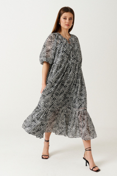 Летнее хлопковое платье с съемным поясом и дизайном Ketty К-13990 черно-белый - фото 1